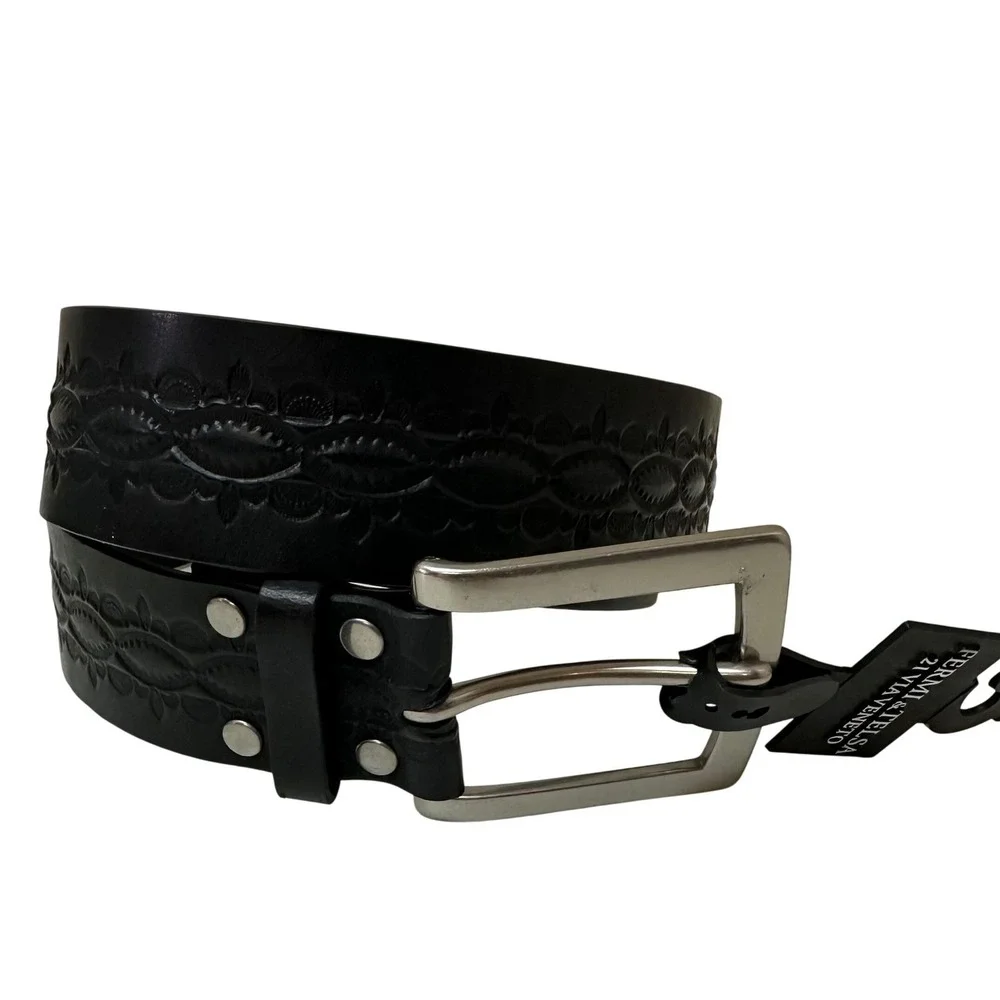 Fermi & Telsa Mens Black Embossed Leather Belt Size 36 Made in USA NEW
